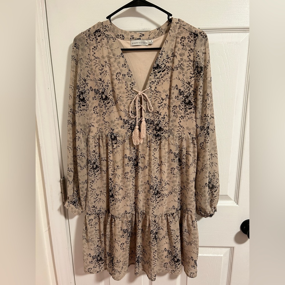 Paper Crane Beige Floral Mini Dress | Boho Dress SZ Small